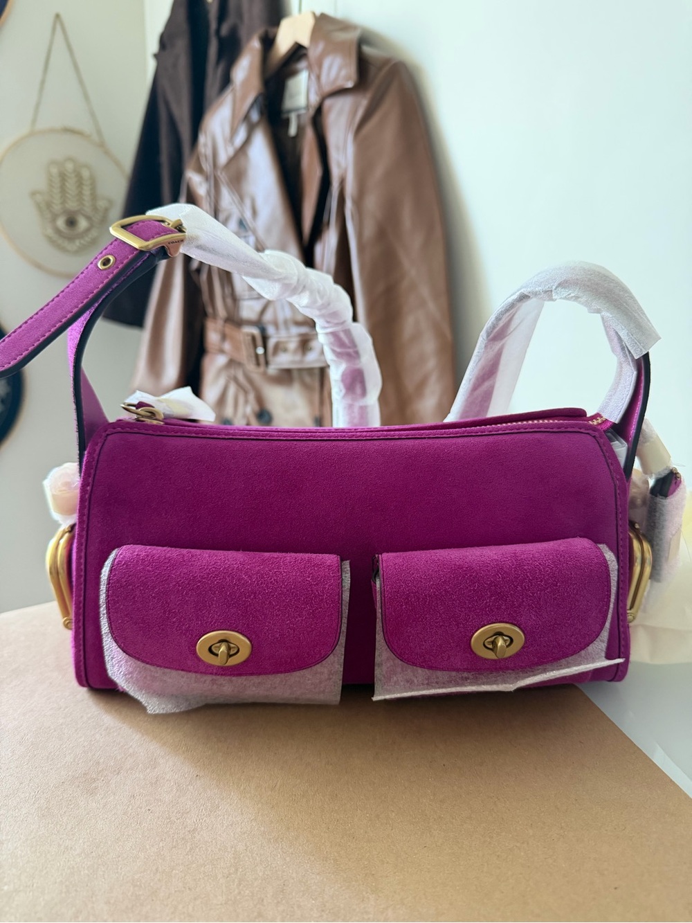 Coach Magenta Suede turnlock haversack 27 Shoulder Bag with Gold Hardware